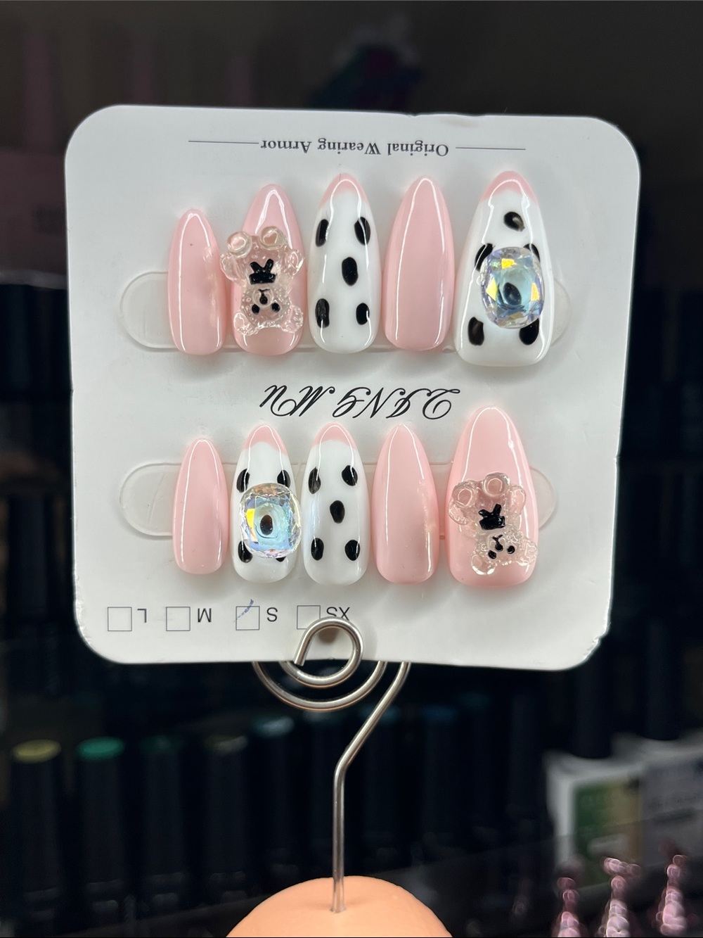 Press-On Nail Set Pink & White with Bear Charms and Gems Almond small